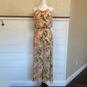 Sweet Storm Floral Wide Leg Jumpsuit Peach Pink Halter Neck Side Slits Small